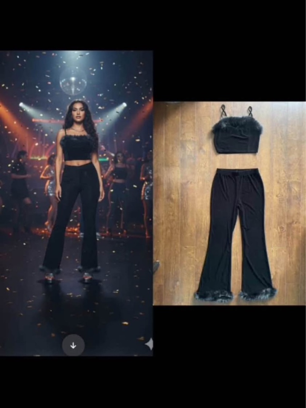 New Large Velour 2-Piece Set Crop Top n Flared Pants With Faux Fur Trim. Black